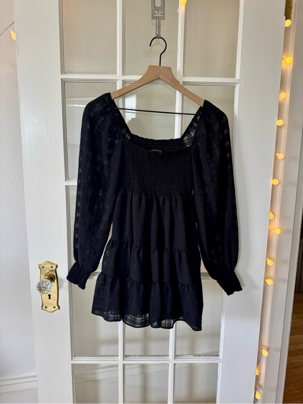 Urban Outfitters Black Mini Dress - Smocked Tiered Dress with Sheer Long Sleeves